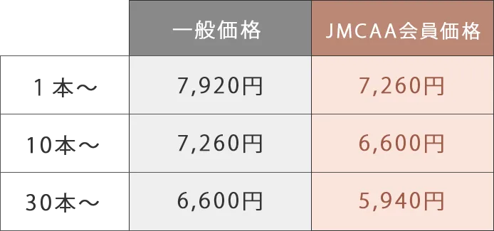 1本～：一般価格7,920円,JMCAA会員価格7,260円/10本～：一般価格7,260円,JMCAA会員価格6,600円/30本～：一般価格6,600円,JMCAA会員価格5,940円