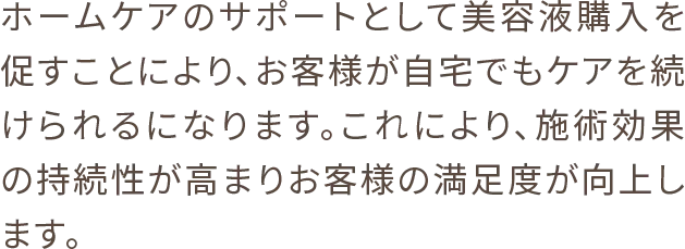 ホームケアのサポートとして美容液購入を促すことにより、お客様が自宅でもケアを続けられるになります。これにより、施術効果の持続性が高まりお客様の満足度が向上します。